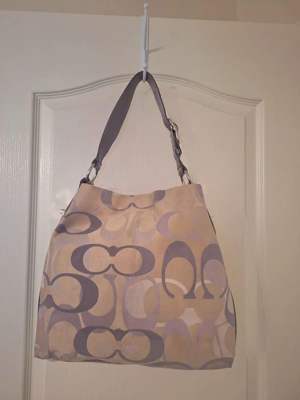 Coach Signature Canvas Shoulder Tote in Taupe and Light Purple